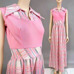 Vintage Pink Maxi Dress 60s Mod Hostess Sleeveless Wide Collar S